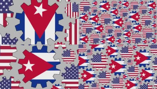 美国和古巴国旗齿轮旋转背景缩小高清在线视频素材下载