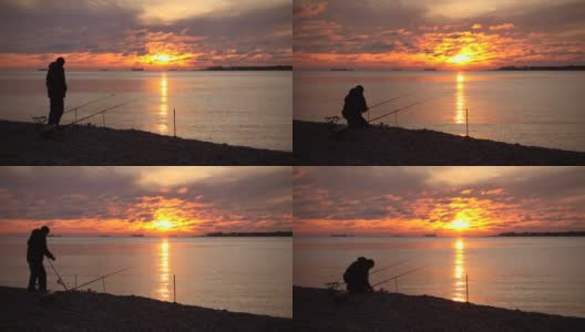 间隔拍摄。渔夫抓了一条鱼。壮丽的日落水上。高清在线视频素材下载