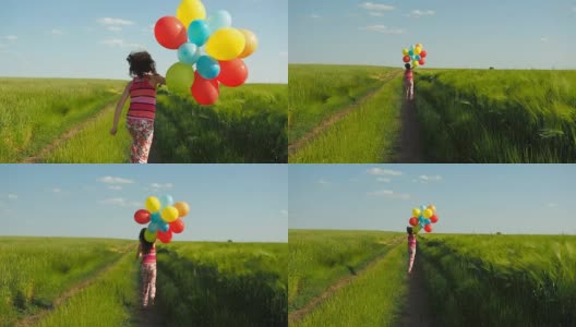 小女孩在田野里拿着气球高清在线视频素材下载