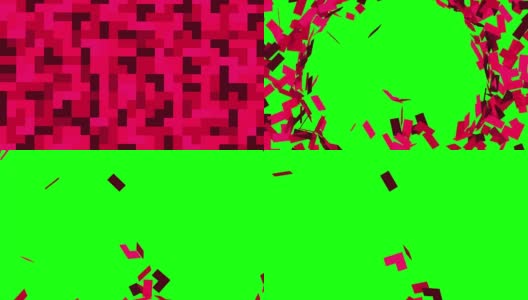 红色马赛克背景分解成小块，显示绿色屏幕。3D动画，色度键。高清在线视频素材下载