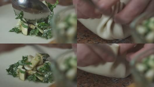 烹饪用欧芹和蘑菇制作Khinkali高清在线视频素材下载