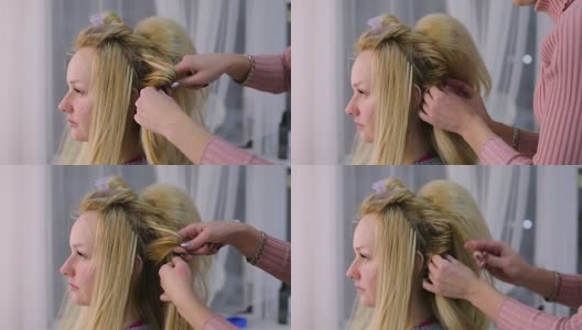 美容院的理发师为客户做头发。金发长头发的病人高清在线视频素材下载