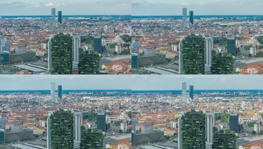 从空中俯瞰米兰的现代高楼大厦和加里波第火车站在商业区的时光流逝高清在线视频素材下载