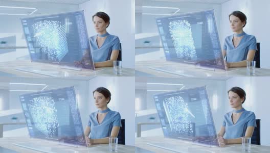 在不久的将来，用透明显示器在电脑上工作的时尚女人。显示显示神经网络的图形投影，人工智能仿真。高清在线视频素材下载