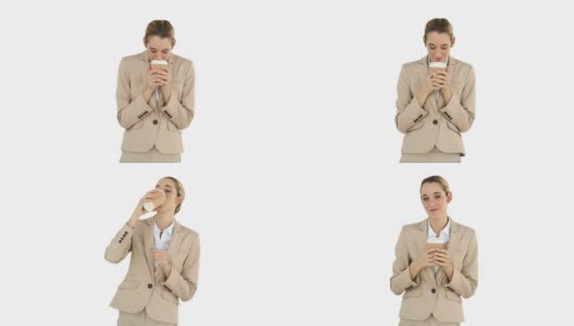 女商人喝咖啡外带高清在线视频素材下载