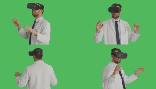 一个戴着VR头盔的科学家的中景。镜头围绕着他旋转。背景为绿幕。高清在线视频素材下载