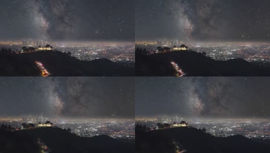 洛杉矶格里菲斯天文台上空的夜空银河系高清在线视频素材下载