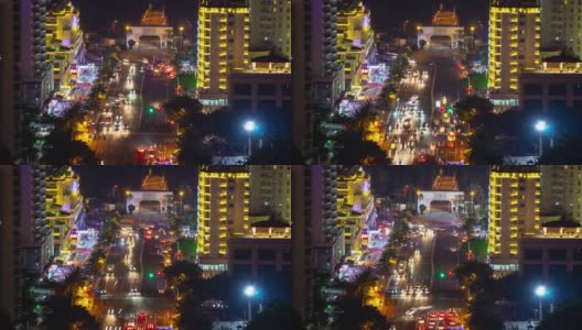 夜晚时间照亮三亚大东海度假岛交通街道屋顶全景4k海南中国高清在线视频素材下载
