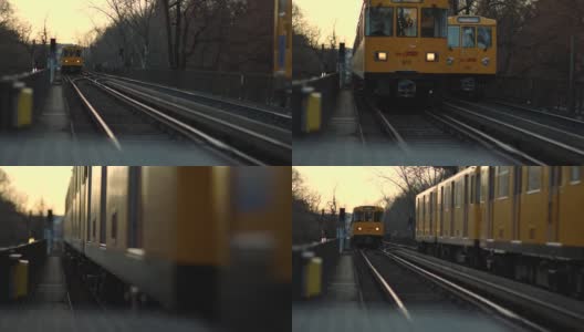黄色的地铁列车在柏林的轨道上纵横交错高清在线视频素材下载