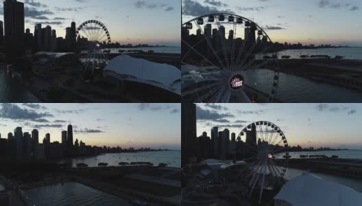 日落在海军码头市中心芝加哥伊利诺斯州无人机鸟瞰图高清在线视频素材下载