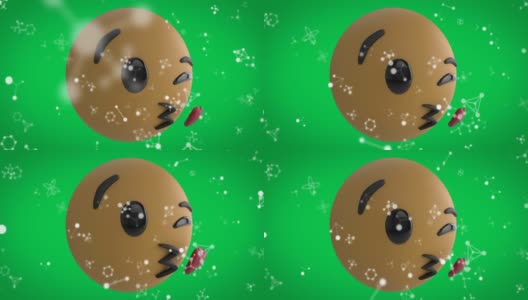 数字动画分子结构的脸吹飞吻的表情符号在绿色背景高清在线视频素材下载