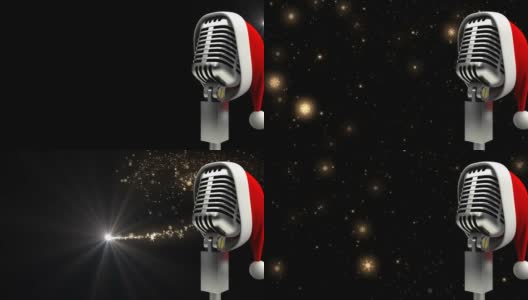 动画的麦克风与圣诞老人的帽子在圣诞星落在黑色的背景高清在线视频素材下载