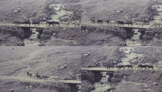 在尼泊尔偏远的穆斯坦地区，车队穿过一座桥。高清在线视频素材下载