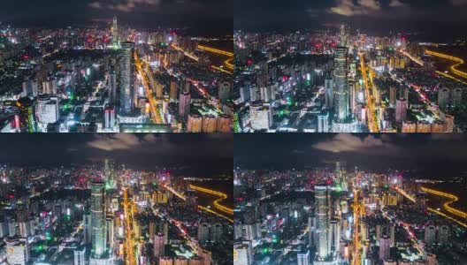 中国夜景照亮了著名的深圳市区，4k时间的航拍全景高清在线视频素材下载