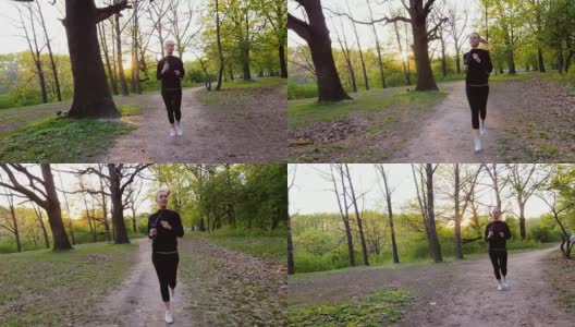 早上在树林里慢跑，女人慢跑高清在线视频素材下载