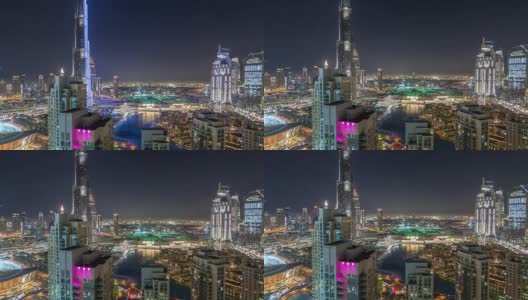 迪拜市中心的城市景观有哈利法塔，灯光展示了空中的时间流逝高清在线视频素材下载