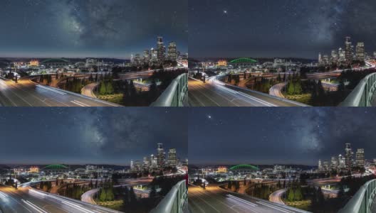 西雅图市区天际线上的银河夜空高清在线视频素材下载
