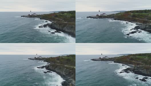 美丽的海岸灯塔无人机海浪镇新英格兰高清在线视频素材下载