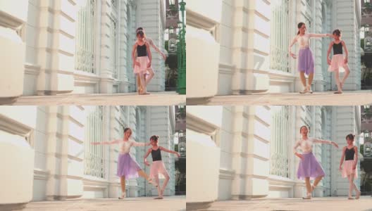 在泰国曼谷的一个阳光明媚的日子里，一名亚洲青少年芭蕾舞者在当地的街道上练习跳芭蕾舞。概念活泼的年轻妇女和孩子在周末的活动。高清在线视频素材下载