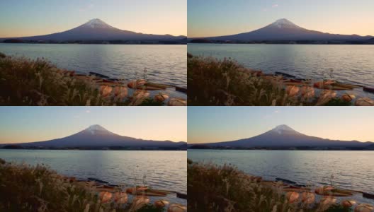 富士山与草地前景，川口湖，日本高清在线视频素材下载