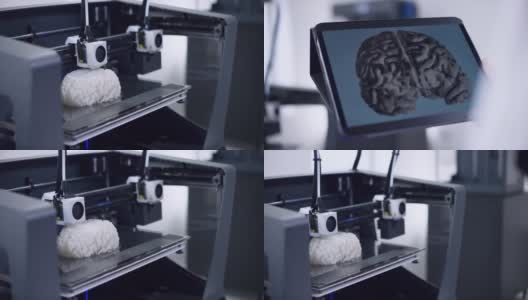 数字平板上的2D大脑模型和3D打印机中构建的3D大脑模型高清在线视频素材下载