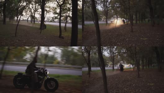 一个野蛮的家伙骑着摩托车在树林间穿行高清在线视频素材下载