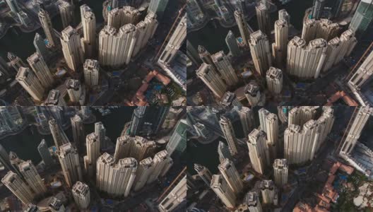 迪拜城市的俯视图。无人机飞过迪拜码头的摩天大楼和海滩高清在线视频素材下载