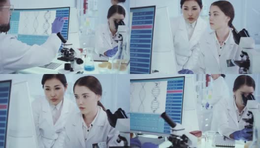 使用显微镜工作的女性亚洲科学家。背景研究伙伴高清在线视频素材下载