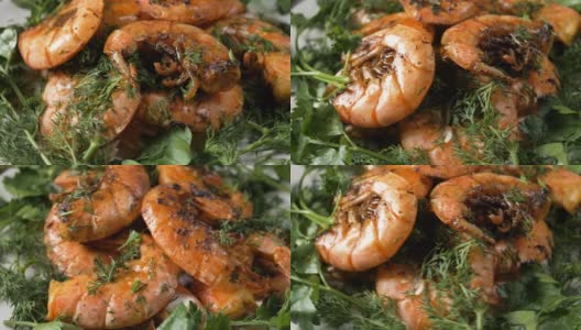 美味的虾堆与新鲜的莳萝和欧芹转盘高清在线视频素材下载