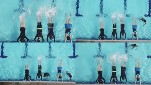 在游泳教练的指导下，亚洲中国游泳运动员在泳池边练习用腿泼水高清在线视频素材下载