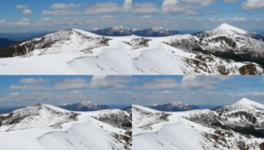 冬季景色神秘，冬季群山雄伟。神奇的冬天白雪覆盖了山顶。山里冬天的路。期待假期的到来。戏剧性的一幕高清在线视频素材下载