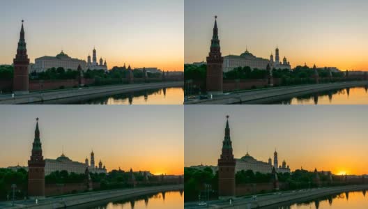莫斯科城市天际线夜晚到白天日出运动时间推移或hyperapse在克里姆林宫宫殿红场和莫斯科河，莫斯科俄罗斯4K时间流逝高清在线视频素材下载