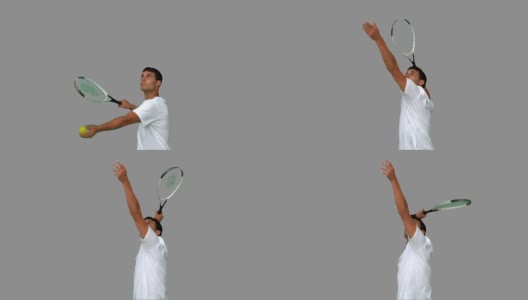 在灰色屏幕上打网球的男子发球高清在线视频素材下载