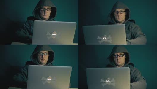 成年白人黑客拿着笔记本电脑坐在桌前。时尚眼镜黑客在互联网上编写开发程序。安全系统。跟踪运动摄像机。高清在线视频素材下载
