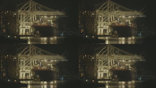 货运船将货物卸载到半卡车时间流逝夜西雅图港岛杜瓦米什水道高清在线视频素材下载