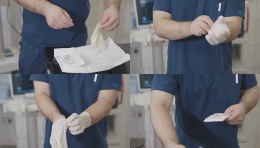 医生打开包装，并将无菌手套放在手上。医院里的医疗工具高清在线视频素材下载