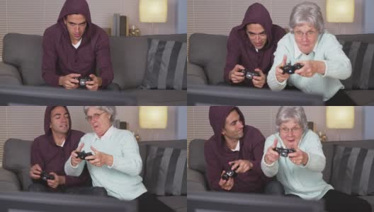 疯奶奶玩电子游戏赢了孙子高清在线视频素材下载