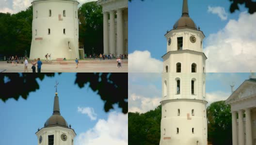 维尔纽斯阳光明媚的钟楼圣斯坦尼斯拉夫大教堂，倾斜，远距离拍摄高清在线视频素材下载