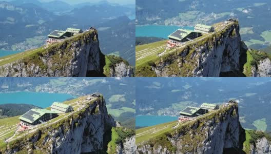 在上奥地利萨尔兹卡默古特的沙夫伯格峰会上飞行观景点。高清在线视频素材下载