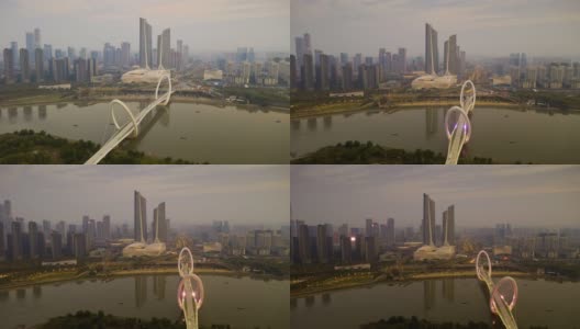 日落黄昏，南京著名的现代滨江综合体步行眼桥，航拍时间推移全景4k中国高清在线视频素材下载
