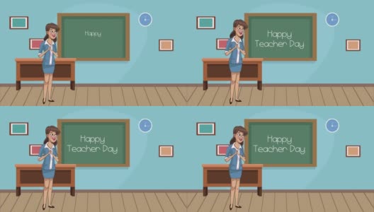 教师节快乐，在黑板上刻字与老师女高清在线视频素材下载