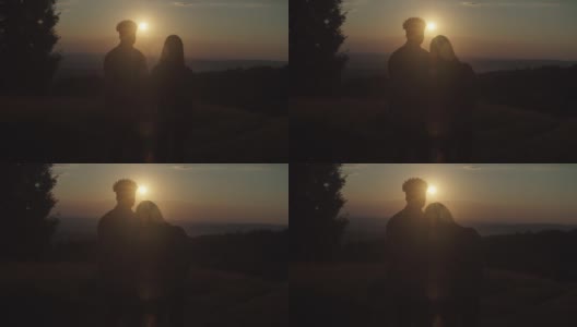 夕阳西下，多民族情侣在山顶拥抱的浪漫剪影高清在线视频素材下载