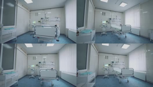 门诊复苏室空无一人。重症监护病房的病床配备了现代化的医疗设备。干净的急诊室。高清在线视频素材下载