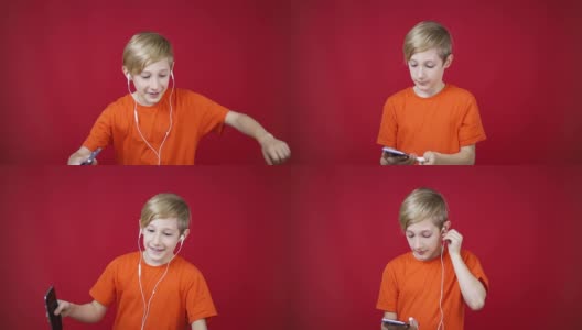 红色背景上的男孩手里拿着手机，戴上耳机高清在线视频素材下载