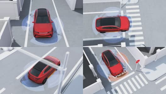 单行道红色越野车在盲区发现车辆高清在线视频素材下载