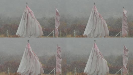 中国甘肃甘南州，冬季降雪期间，佛教经幡在风中摇曳。旗帜在严冬的暴风雪中疯狂地飘扬。高清在线视频素材下载