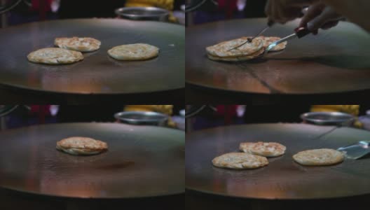 特写泰式烤肉在平底锅上煎，慢动作高清在线视频素材下载
