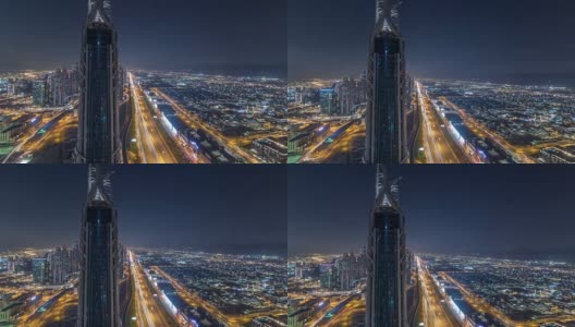 迪拜市中心夜晚时光流逝的现代塔楼从顶层俯瞰迪拜，阿拉伯联合酋长国高清在线视频素材下载