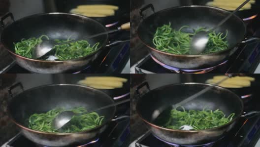 中国乡村厨师煎青菜高清在线视频素材下载