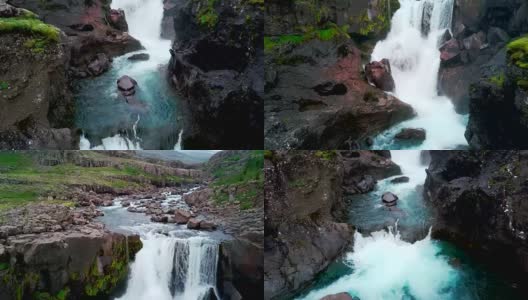 鸟瞰图拍摄的Sveinsstekksfoss瀑布在冰岛高清在线视频素材下载
